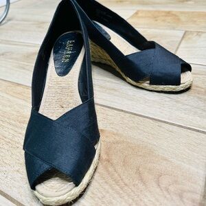 Ralph Lauren Womens Black Linen Timeless Wedge Espadrille Shoe Sz 9